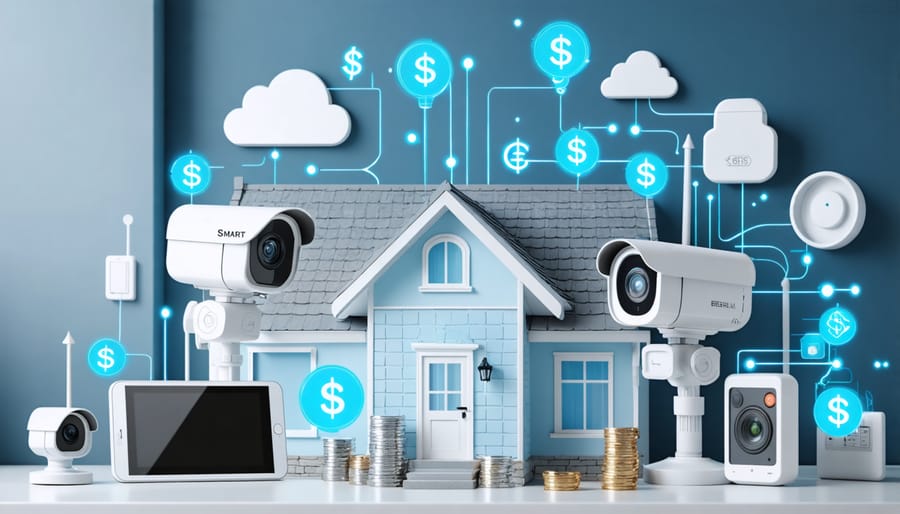 Conceptual illustration showing interconnected smart home security devices and dollar symbols, representing the cost-saving benefits of installing a smart security system.