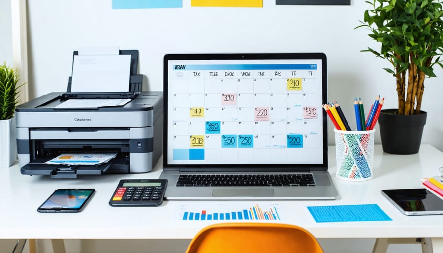 A modern office setup illustrating business equipment labeled with price tags and symbols of tax deductions, highlighting strategic tax planning for businesses.