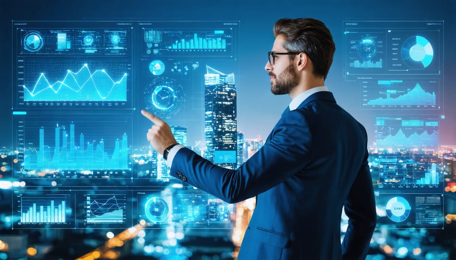 Real estate investor using a futuristic digital interface with dynamic graphs and charts representing analytics and performance metrics, set against an urban cityscape background.