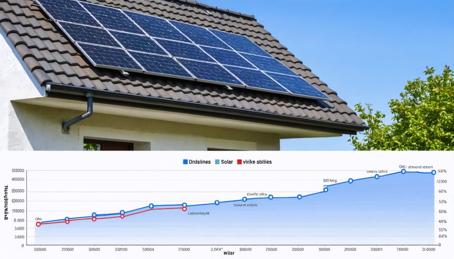 Solar panel installation on residential roof with increasing property value chart