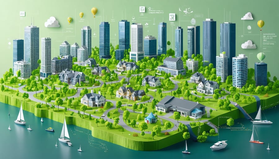 A digitally rendered cityscape showcasing diverse real estate investments, including luxury vacation rentals, commercial skyscrapers, multi-family homes, and industrial warehouses, representing a balanced and strategic real estate portfolio.