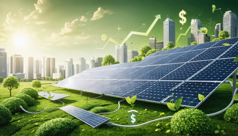 Illustration of a green cityscape with solar panels connected to financial growth symbols, representing the synergy between tax equity investment and renewable energy projects.