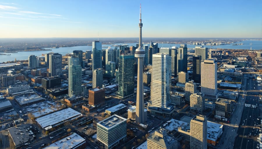 Toronto skyline at sunset showing downtown financial district and iconic CN Tower