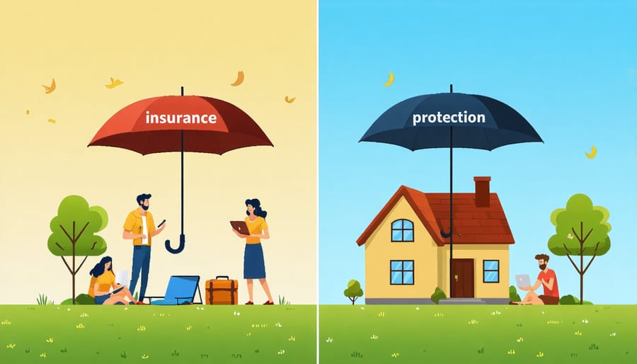 A split view depicting a vacation rental property, with one half showing guests enjoying the property, and the other half illustrating insurance protection against risks, symbolized by an umbrella.