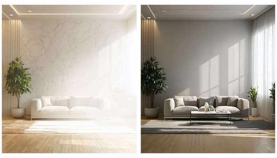 Before and after comparison of a room using projection AR for virtual staging
