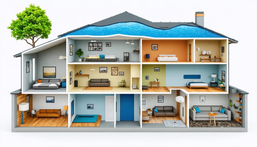 Cutaway view of house showing water backup and sump pump system locations