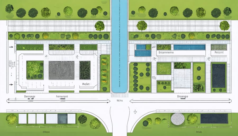 Architectural diagram showing various water management and flood prevention features for residential properties