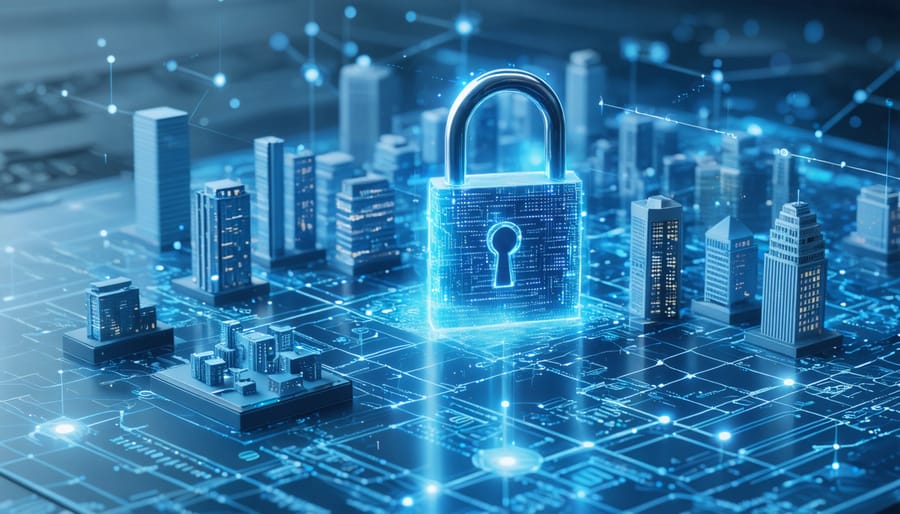 A conceptual illustration showing a network of interconnected smart locks and digital keys overlaying a blueprint of real estate transactions, symbolizing zero trust security in property and crypto insurance.