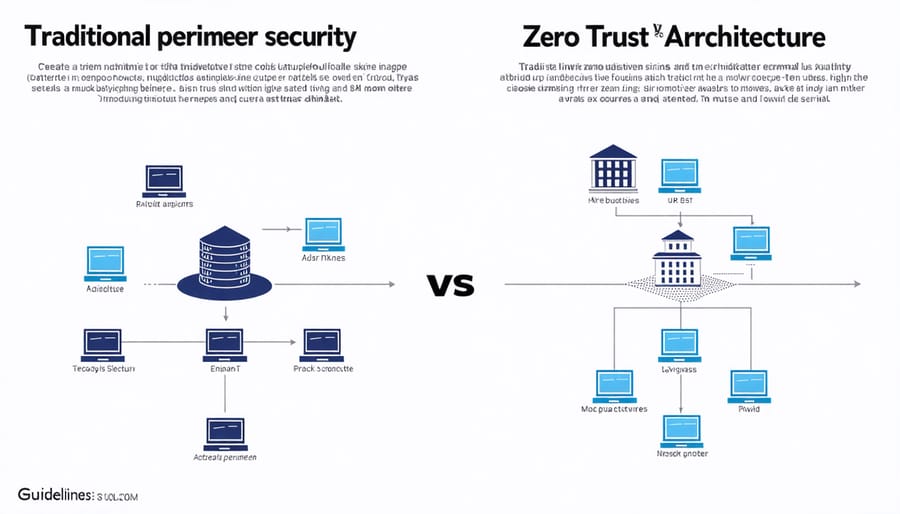 Side-by-side comparison showing traditional castle-and-moat security versus zero trust distributed security model