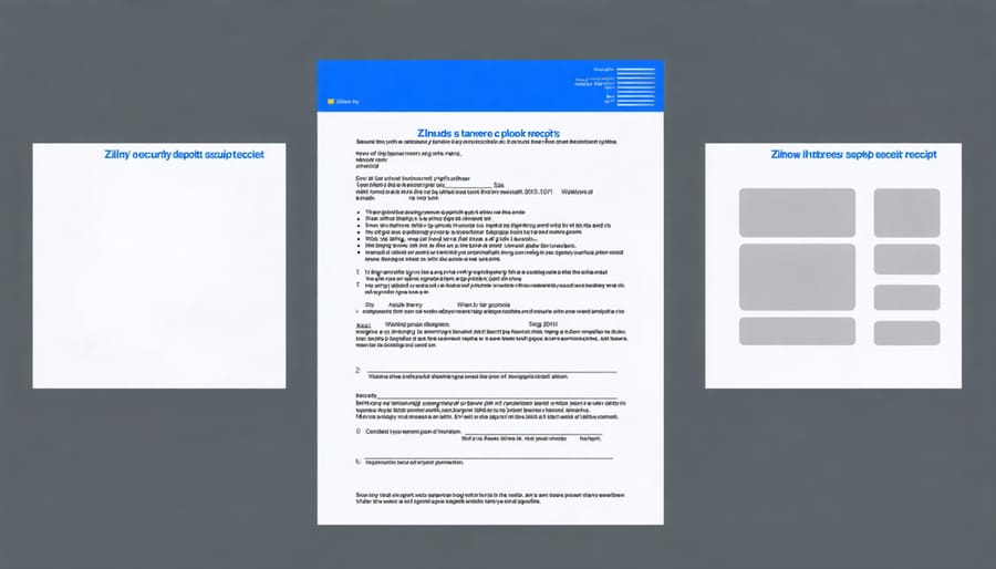 Tutorial screenshots showing how to set up digital security deposit receipts in Zillow