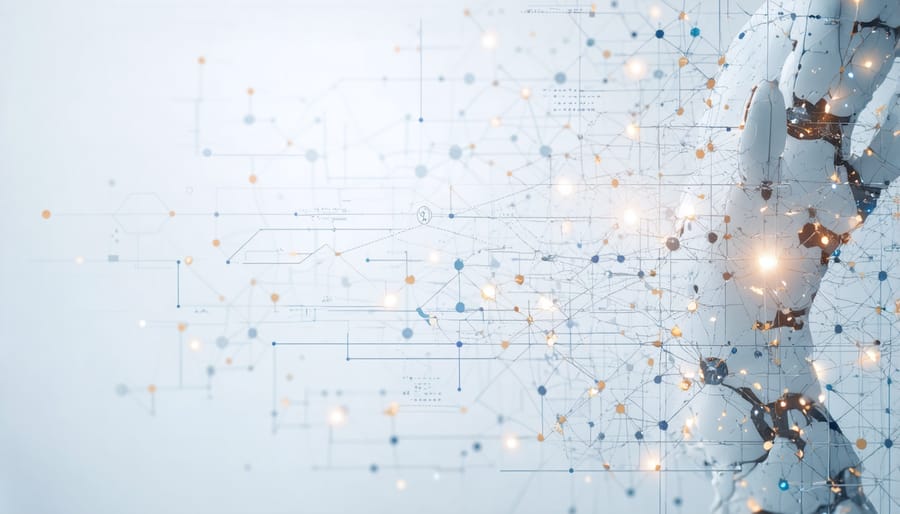 3D visualization of AI analyzing health insurance claims with connected data points and pattern recognition