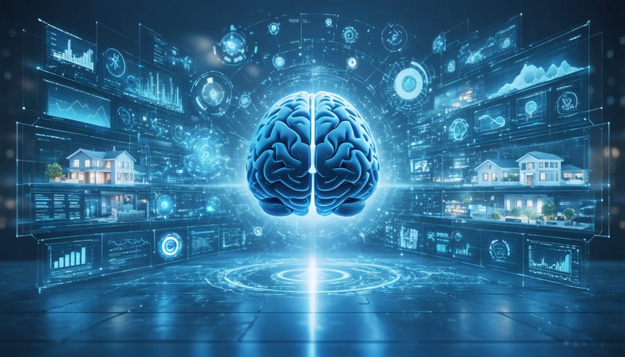 Conceptual illustration of AI-driven real estate insurance management, showing data streams, predictive analytics, and property assessment visuals.