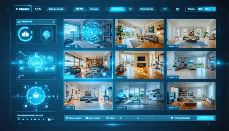 Smart home security dashboard displaying multiple camera feeds and AI threat detection notifications