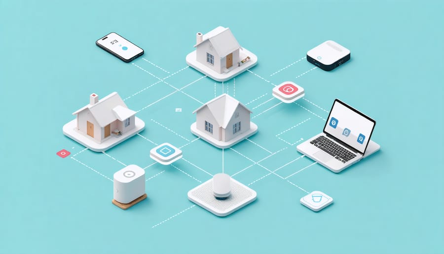 Illustrated network diagram showing smart home devices connected through blockchain technology