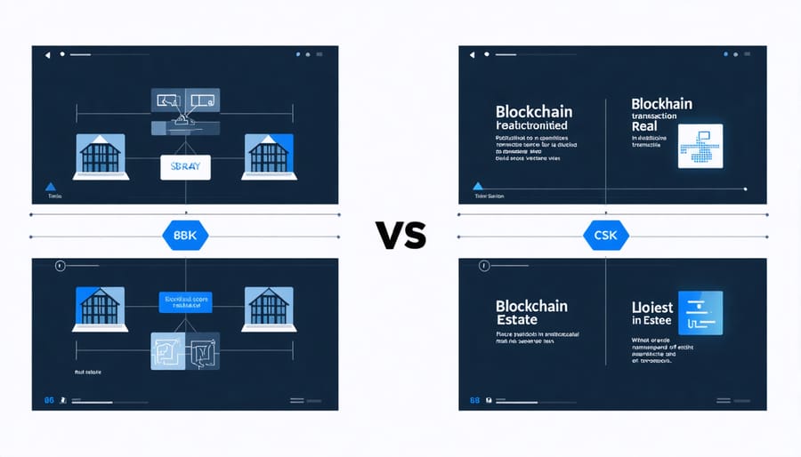 Comparative visualization of traditional and blockchain-based real estate transaction processes