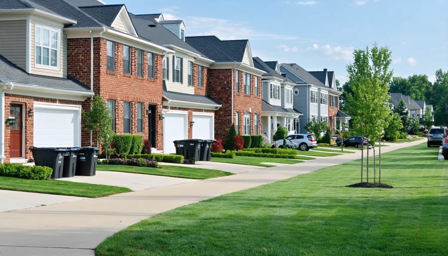 Aerial view of a planned community showing uniform house designs and maintained common areas