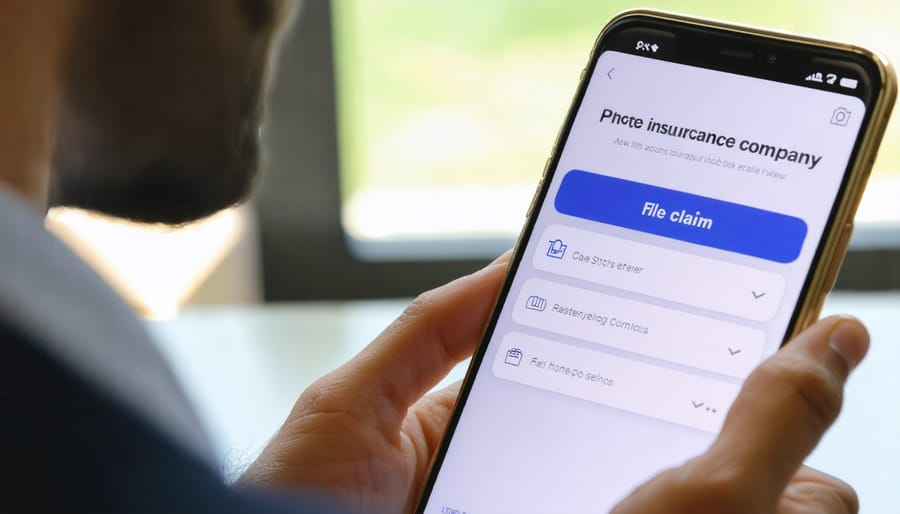 Smartphone displaying modern insurance claim filing application interface