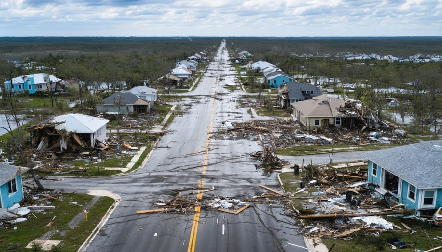 Aerial view of hurricane-damaged neighborhood being assessed by insurance drone