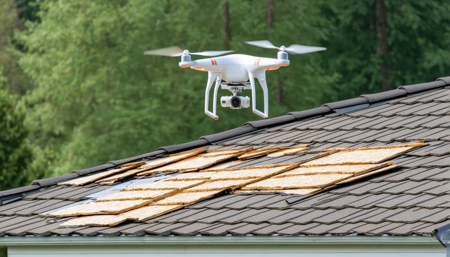 Professional drone operator conducting aerial inspection of residential roof damage