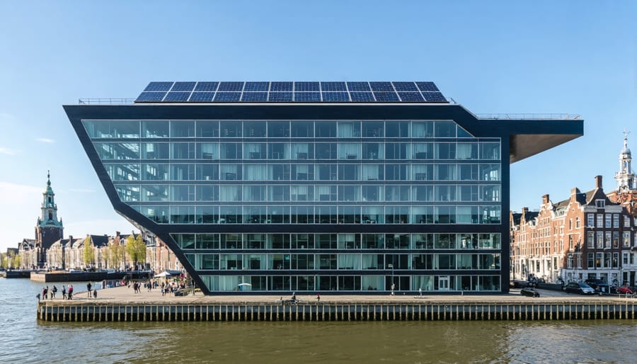 The Edge building in Amsterdam featuring sustainable design elements and solar panels