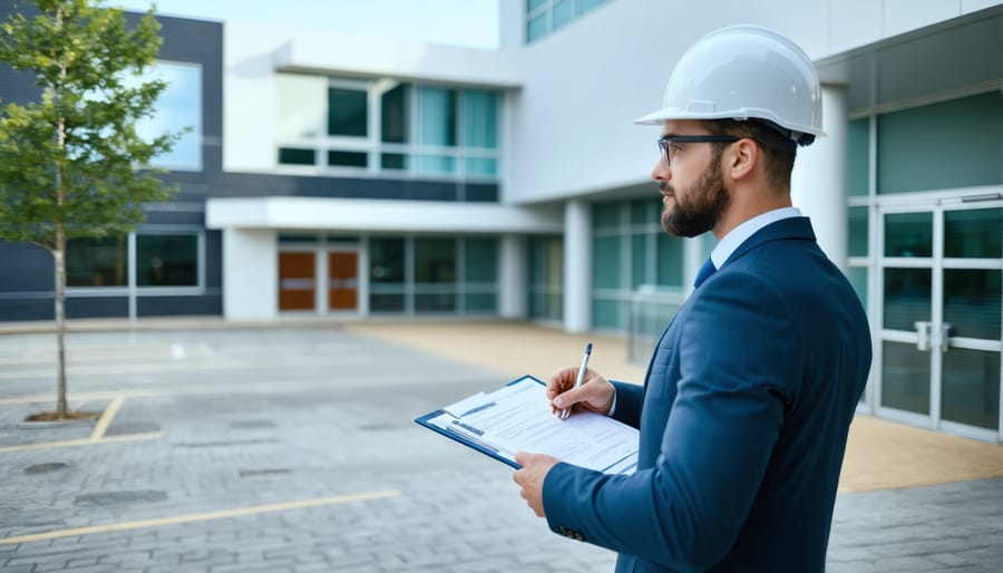 Environmental specialist using testing equipment to assess property contamination risks