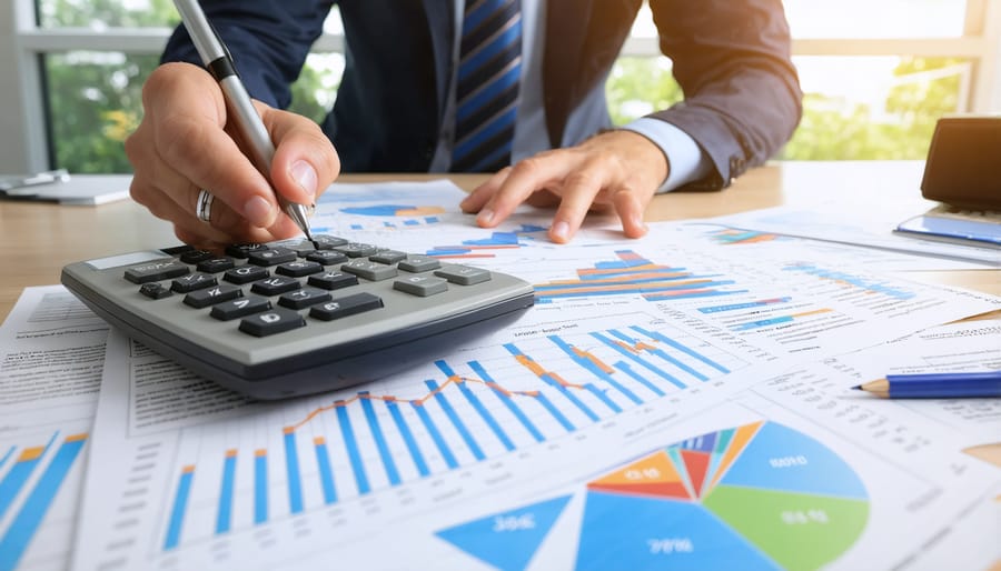 Financial professional reviewing balance sheets and financial documents with modern technology