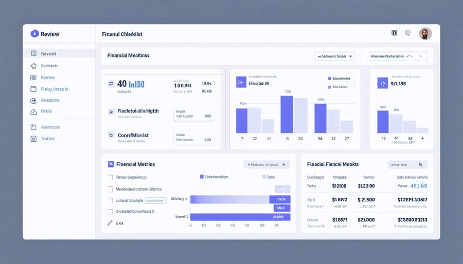 Modern financial dashboard interface displaying key performance indicators and quarterly review items