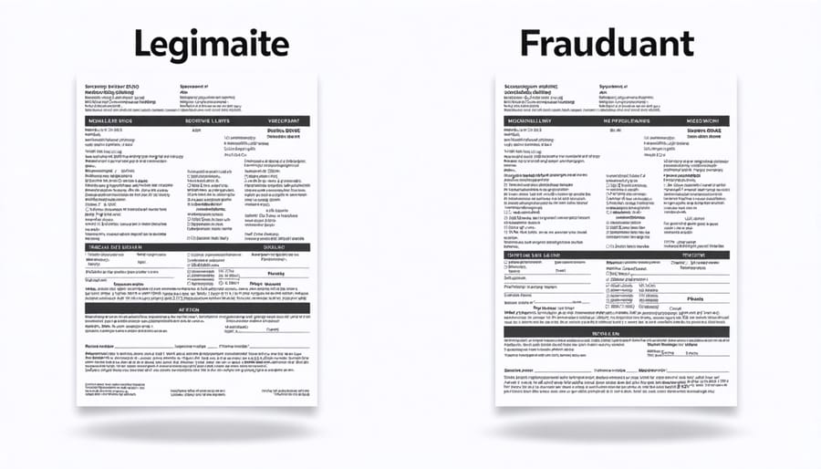 Comparison of legitimate and fraudulent medical claims with AI-detected anomalies highlighted