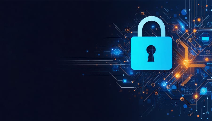 Futuristic visualization of AI, blockchain, and quantum encryption protecting medical data