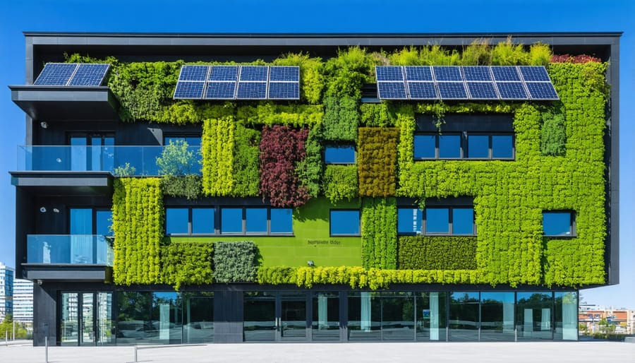 Sustainable commercial building featuring solar panels and vertical gardens in downtown area