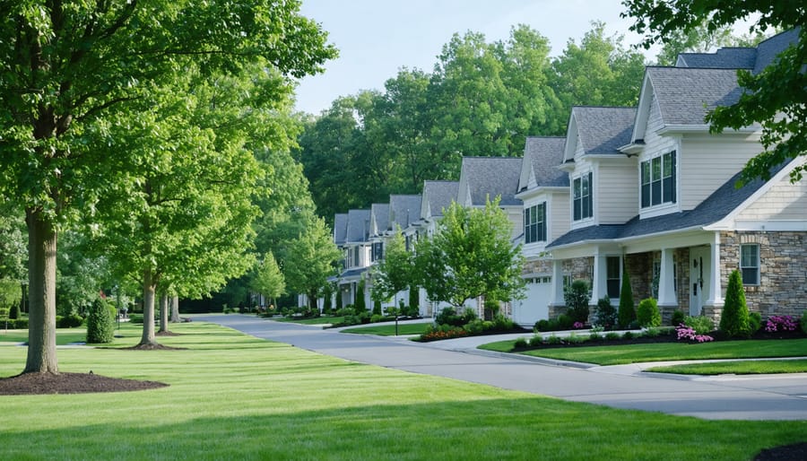 A picturesque covenant neighborhood with uniform house designs, manicured lawns, and tidy streets, symbolizing community harmony and enhanced property values.