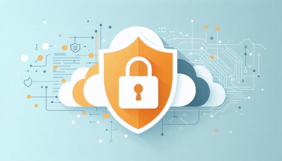 Layered shield icons protecting digital medical records and healthcare symbols