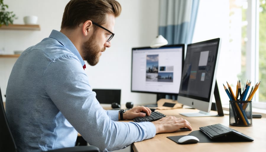 Modern home office workspace with proper ergonomic setup including adjustable chair, desk, and computer monitors