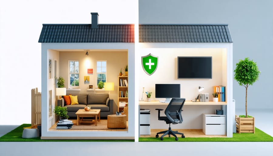 Conceptual illustration showing the dual nature of home as both living space and workplace, highlighting the insurance coverage gap for remote workers.