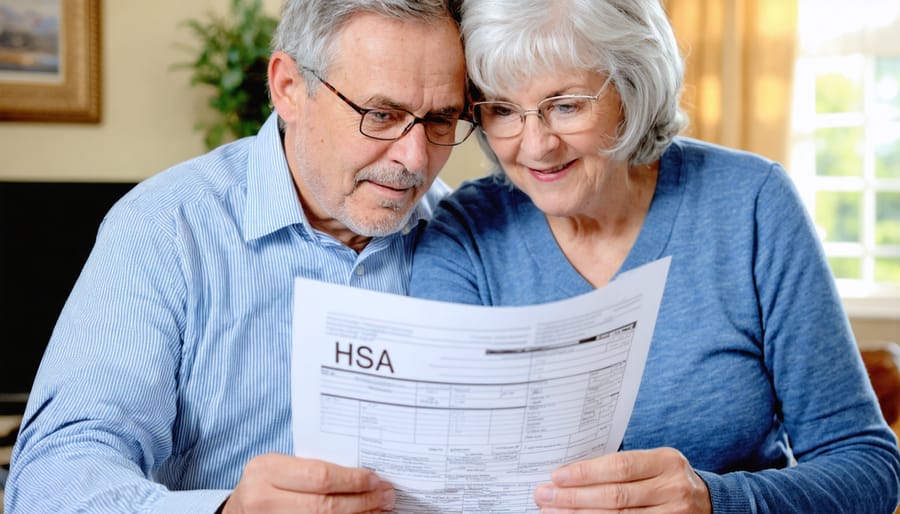 Retired couple analyzing HSA statements and healthcare expenses