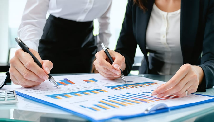 Insurance professional analyzing financial strength ratings with property investor