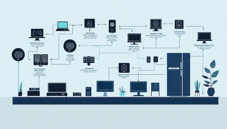 Cross-section view of a house showing connected IoT security devices and their functions