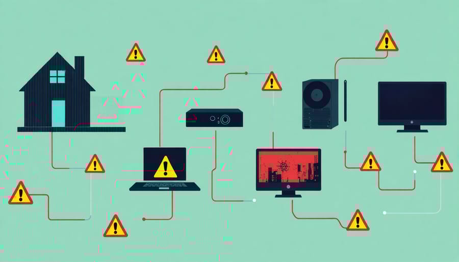 Digital illustration showing security threats targeting smart home IoT devices