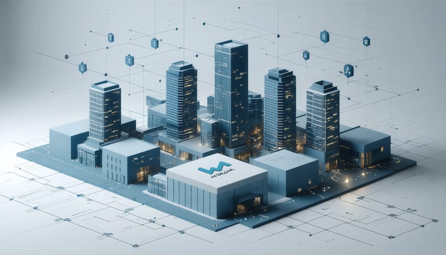 Digital illustration of blockchain technology integrated with real estate, showing J.P. Morgan branding