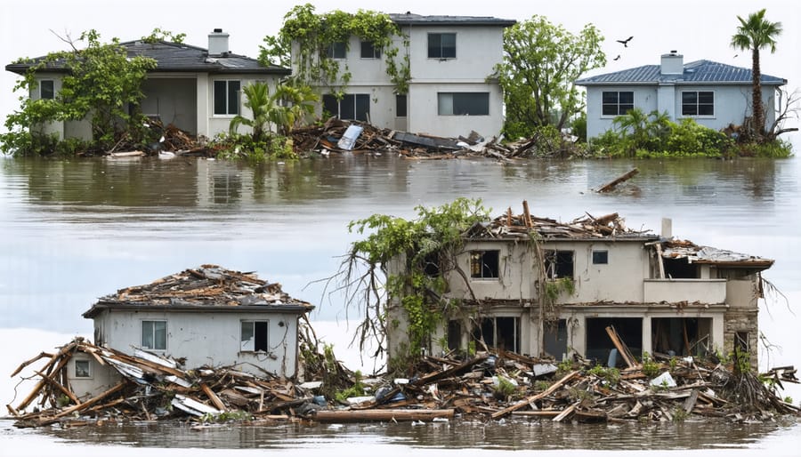 Multiple properties affected by various natural disasters including flooding, hurricane damage, and earthquake destruction