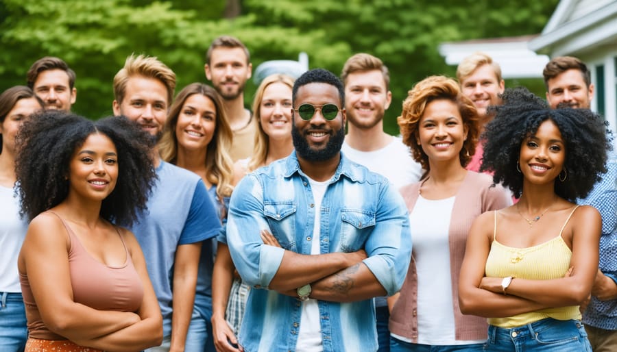 Neighbors of different ages and backgrounds socializing at a community gathering