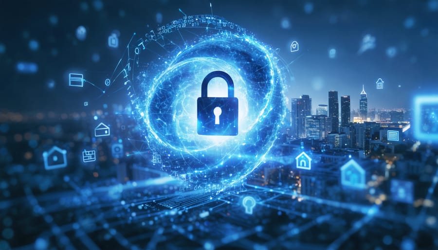 Conceptual illustration of a quantum computer as a beam of energy targeting a digital padlock, representing the threat to traditional real estate data security, with fragmented binary code and real estate icons.