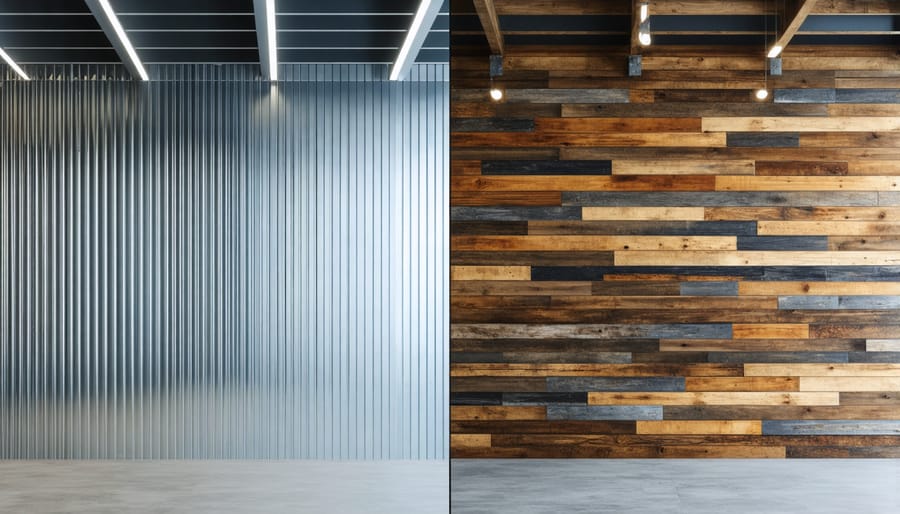 Side-by-side comparison of new and recycled construction materials including steel and wood
