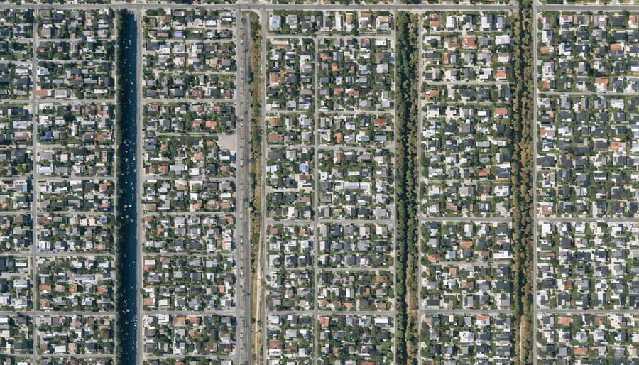 Bird's eye view of diverse urban zoning with single-family, multi-family, and mixed-use areas clearly visible