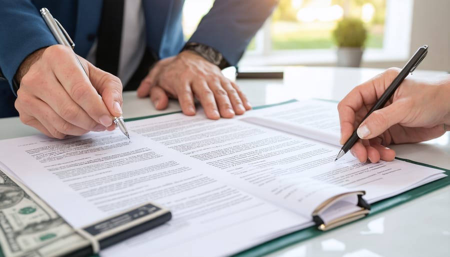 People examining HOA covenant documents at a desk with highlighters and sticky notes