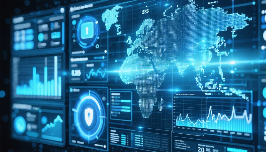 Security monitoring dashboard with threat detection alerts and data flow visualization