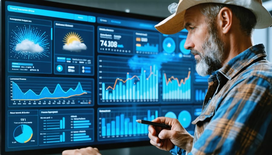 Modern farmer using tablet displaying agricultural data analytics and insurance information