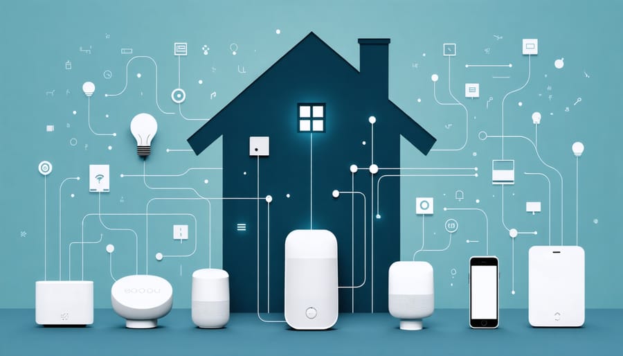Illustration showing various IoT devices connected within a smart home network