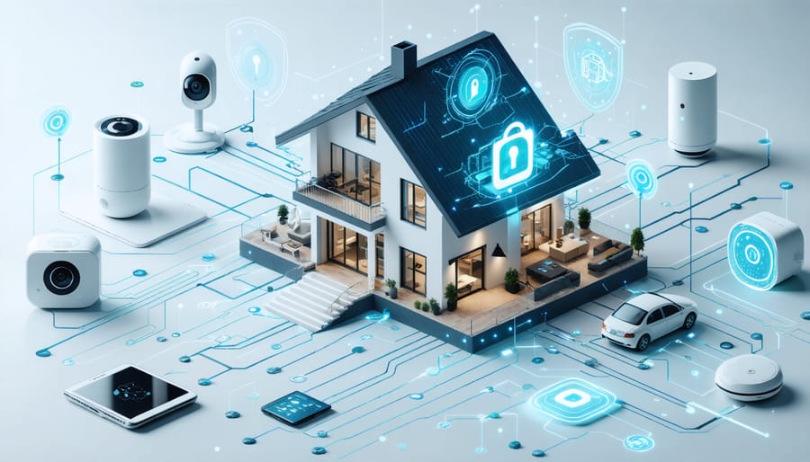 Conceptual illustration of a smart home integrated with interconnected IoT devices, including smart thermostats, cameras, and sensors, surrounded by digital security symbols indicating protection against cyber threats.
