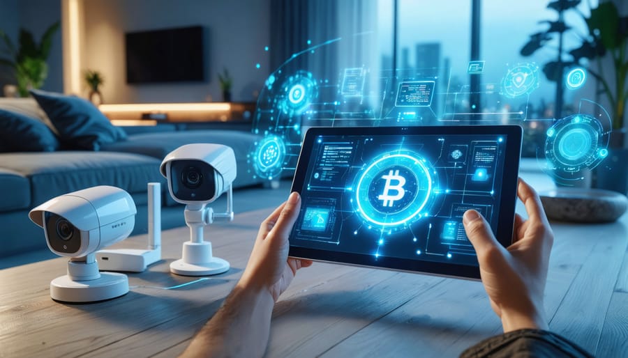 A modern smart home interior with AI-powered security devices showing real-time threat detection alerts, emphasizing the integration of advanced technology in home protection.